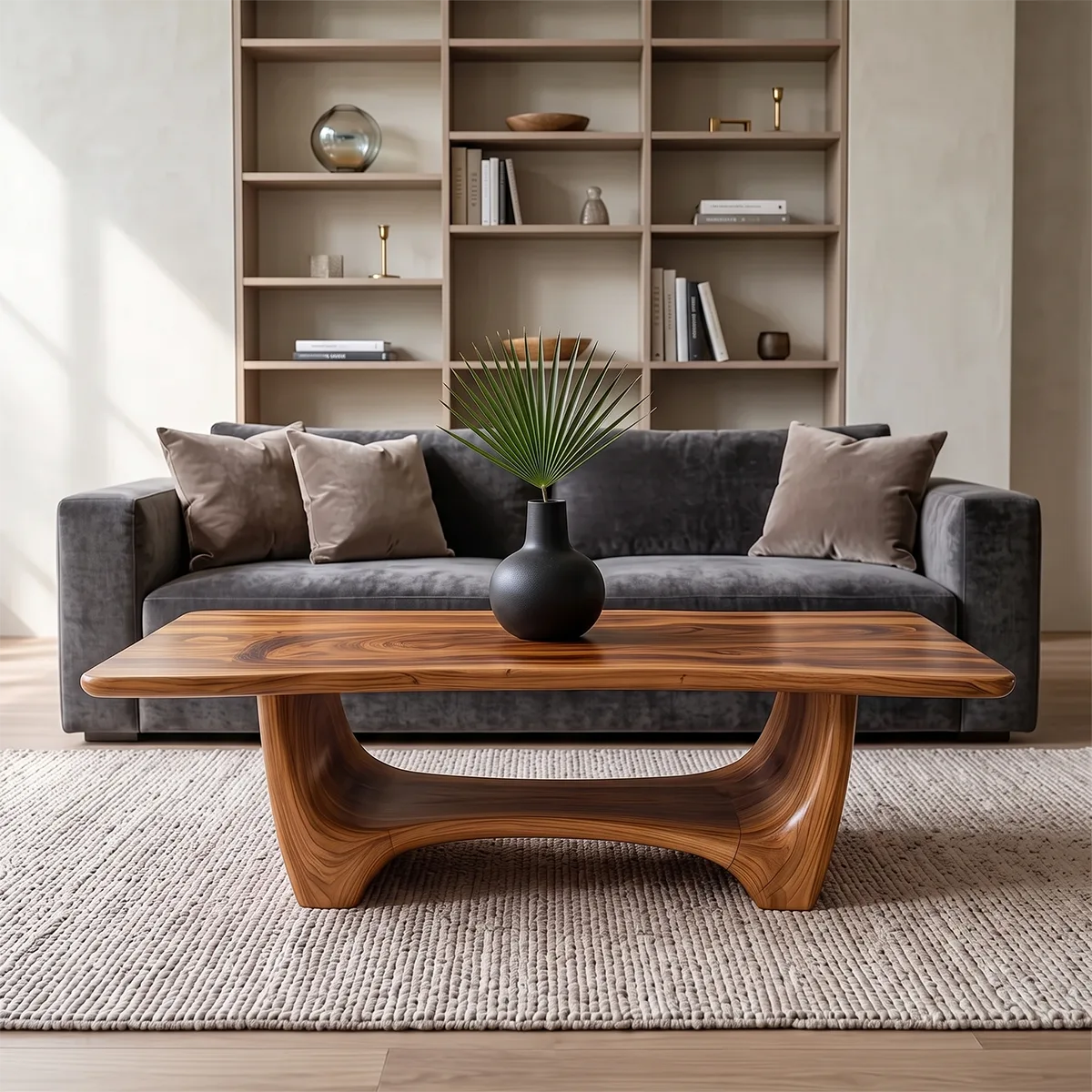 Organic Live Edge Coffee Table | Sculptural Waterfall Base Modern Living Room Table