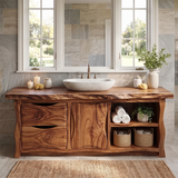 Live Edge Bathroom Vanity with Drawers, Cabinet & Open Shelves | Freestanding Rustic Modern Vanity
