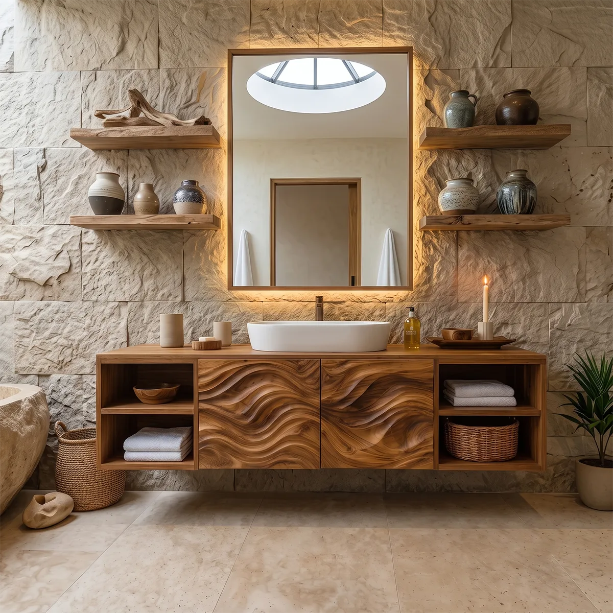 Floating Bathroom Vanity with Wave Carved Doors & Open Shelves | Modern Wall Mounted Vanity