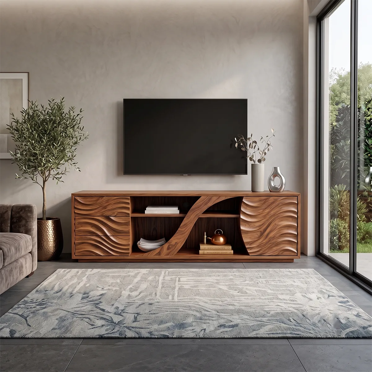 Wave Carved TV Stand with Drawers & Cabinet | Sculptural Media Console TH003-4MXF2YH