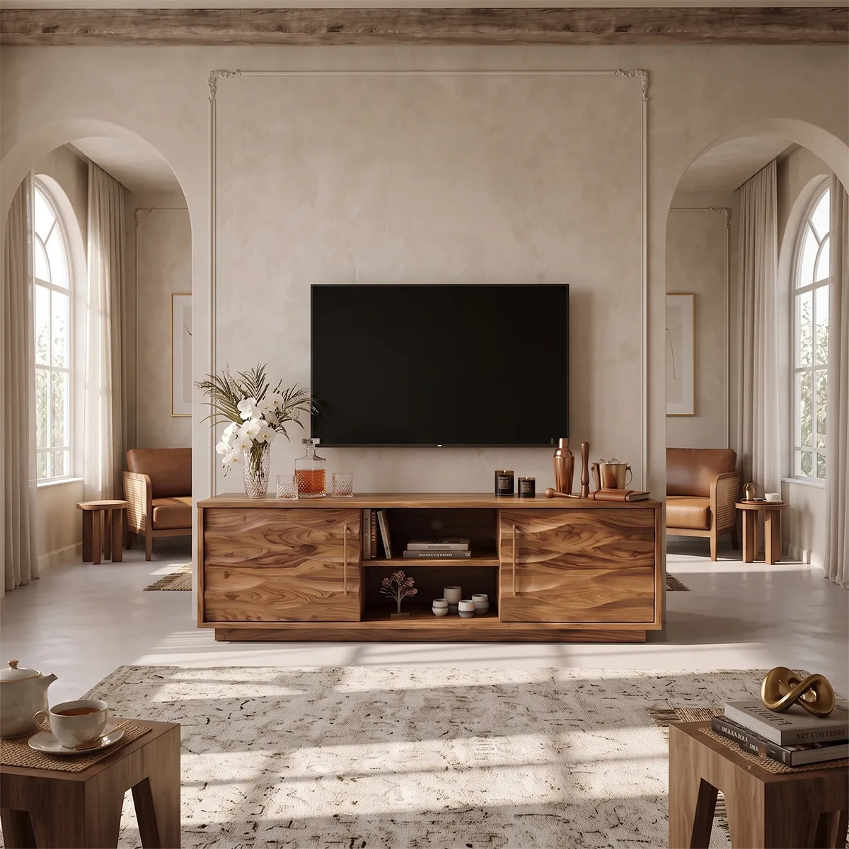 Wave Carved TV Stand with 2 Cabinets & Open Shelves | Media Console TH003-6UCU1VC