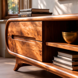Modern Curved TV Stand with 2 Drawers & 3 Open Storage Areas | Sculptural Media Console