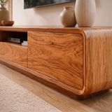 Modern Curved TV Stand with Drawer, Cabinet & Open Shelf | Low Profile Media Console