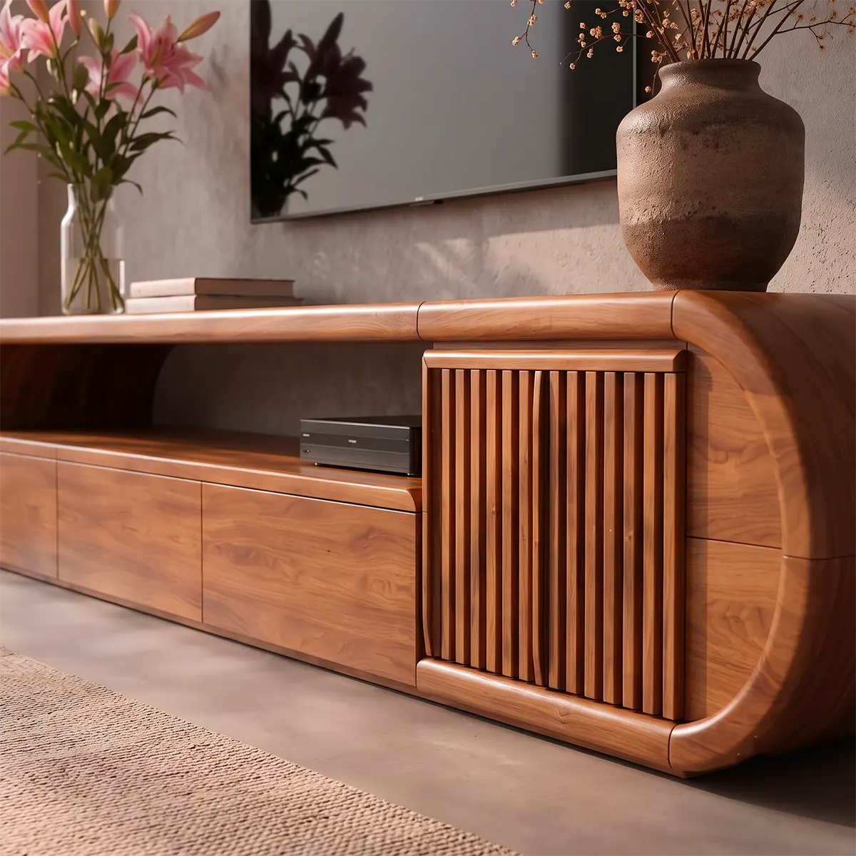 Modern TV Stand with 3 Drawers, Open Shelf & Fluted Cabinet | Curved Media Console