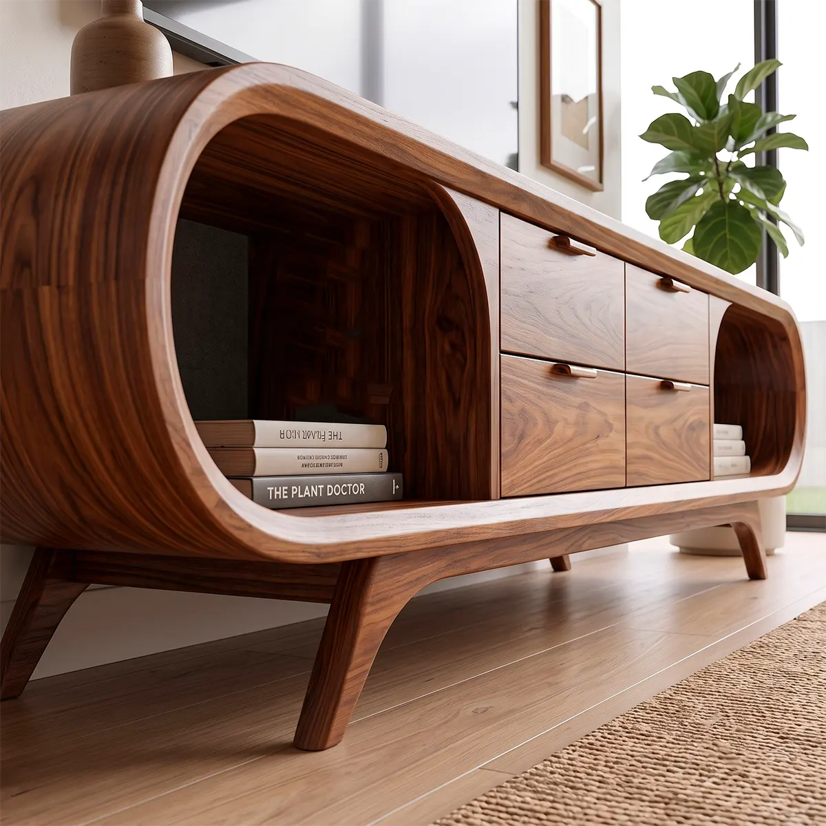 Modern Curved TV Stand with 4 Drawers & 2 Open Shelves | Sculptural Media Console