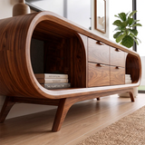 Modern Curved TV Stand with 4 Drawers & 2 Open Shelves | Sculptural Media Console
