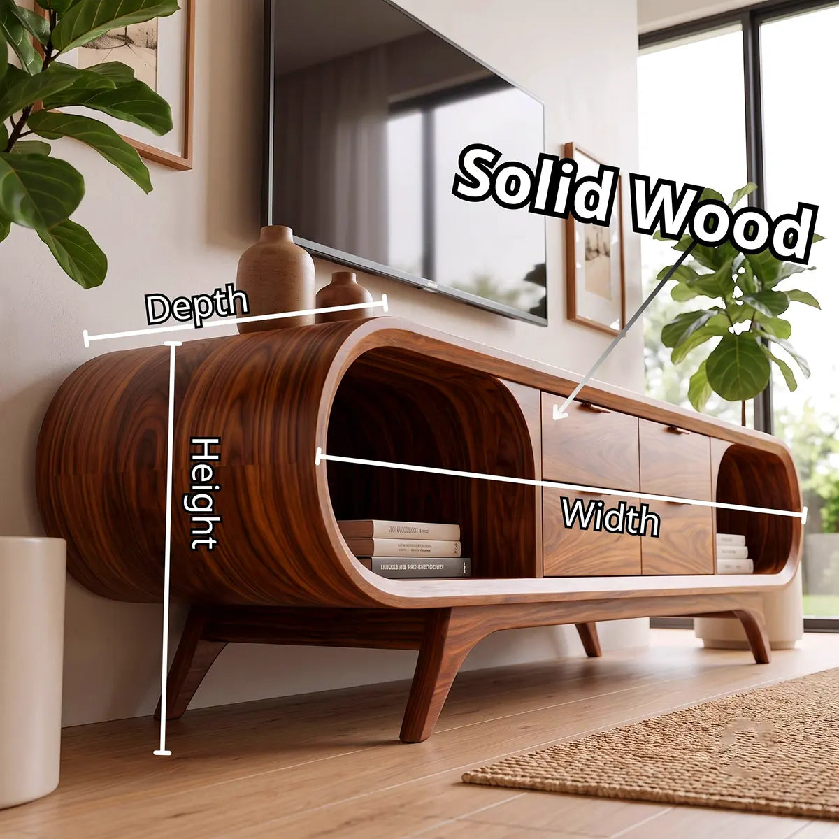 Modern Curved TV Stand with 4 Drawers & 2 Open Shelves | Sculptural Media Console