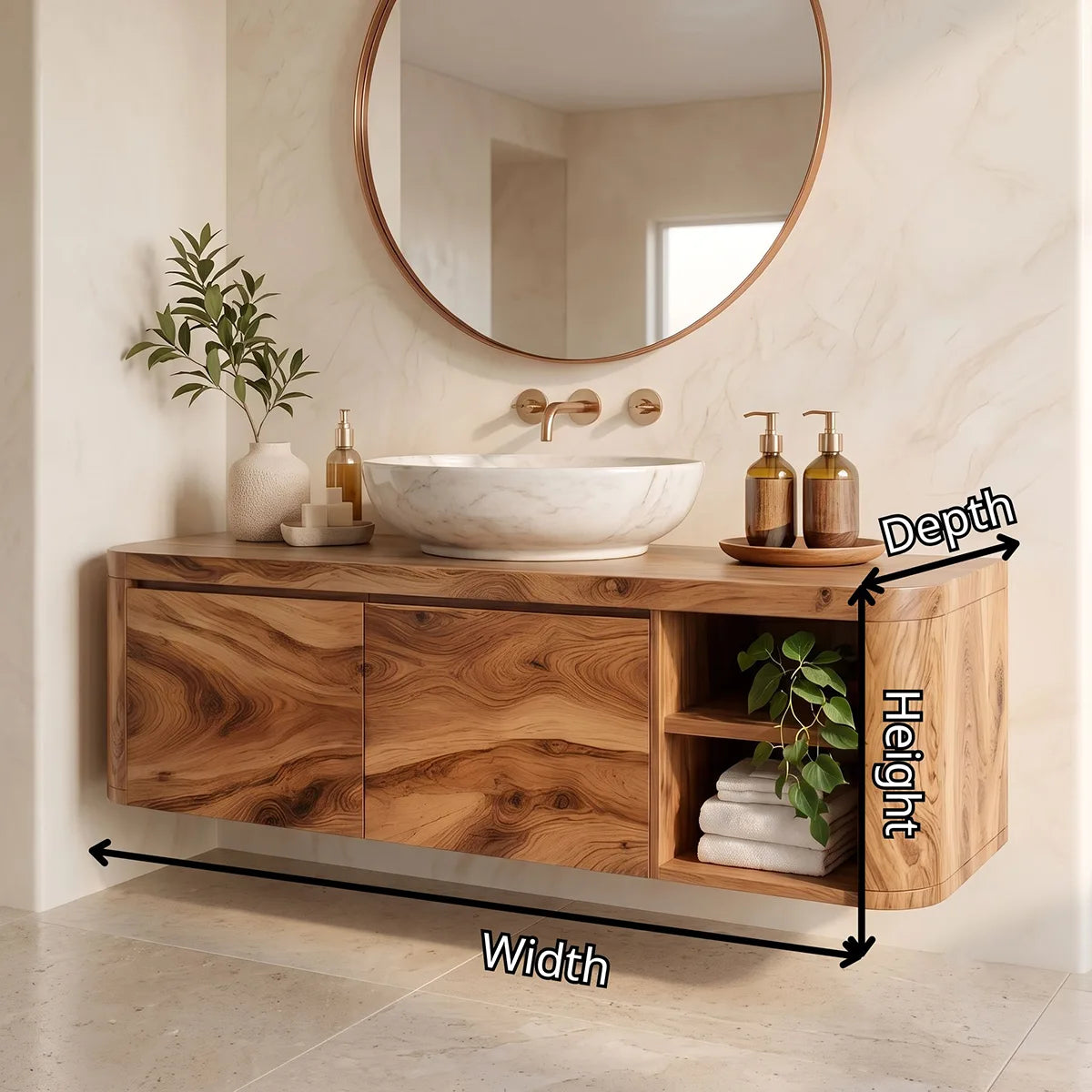 Floating Solid Wood Bathroom Vanity | Wall Mounted Single Sink Vanity with 2 Hinged Cabinets & Open Shelf TT006-6DFI9SI