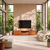 Modern Curved TV Stand with Drawer, Cabinet & Open Shelf | Low Profile Media Console