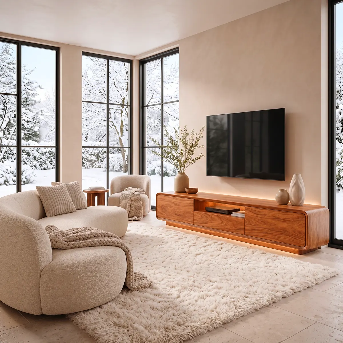 Modern Curved TV Stand with Drawer, Cabinet & Open Shelf | Low Profile Media Console