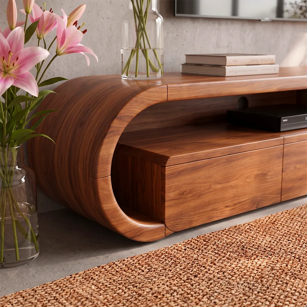 Modern TV Stand with 3 Drawers, Open Shelf & Fluted Cabinet | Curved Media Console