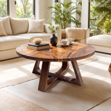 Round Wood Coffee Table with Sculptural Geometric Base | Modern Organic Center Table
