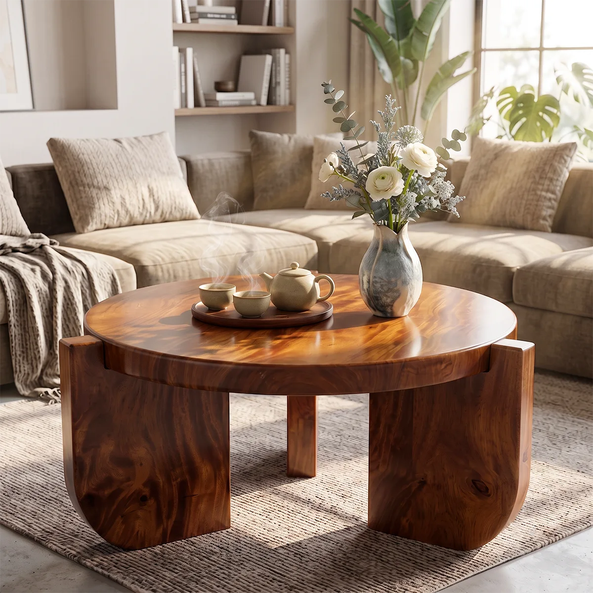 Modern Round Coffee Table with 3 Sculptural Panel Legs | Organic Contemporary Living Room Table