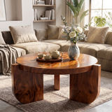 Modern Round Coffee Table with 3 Sculptural Panel Legs | Organic Contemporary Living Room Table