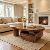 Organic Wood Coffee Table with Drawer and Open Shelf | Sculptural Oval Living Room Center Table