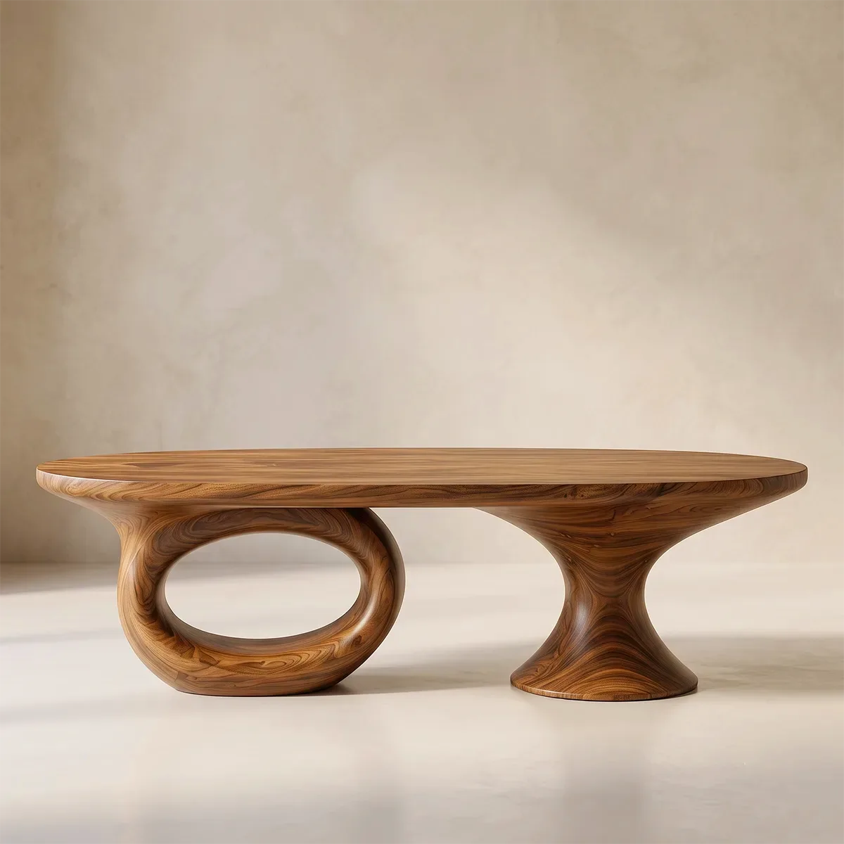 Sculptural Wood Coffee Table with Asymmetrical Pedestal Legs | Organic Modern Oval Center Table