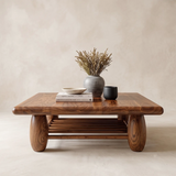 Rounded Rectangle Coffee Table with Slatted Storage Shelf | Modern Organic Center Table