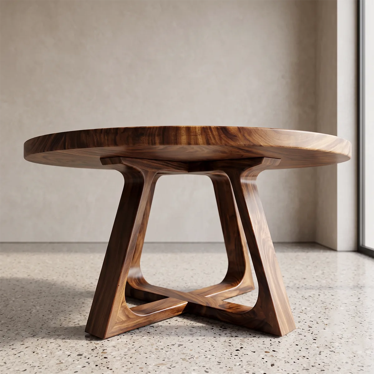 Round Wood Coffee Table with Sculptural Geometric Base | Modern Organic Center Table