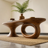 Sculptural Wood Coffee Table with Asymmetrical Pedestal Legs | Organic Modern Oval Center Table