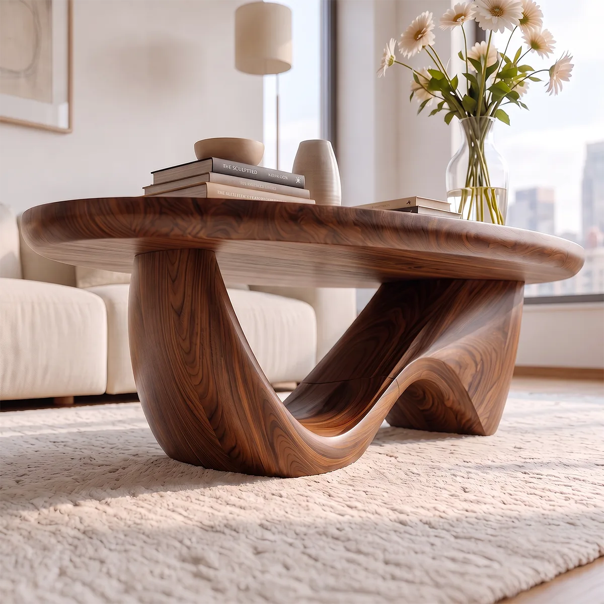 Sculptural Coffee Table with Curved Wave Base | Organic Oval Center Table