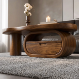 Organic Wood Coffee Table with Drawer and Open Shelf | Sculptural Oval Living Room Center Table