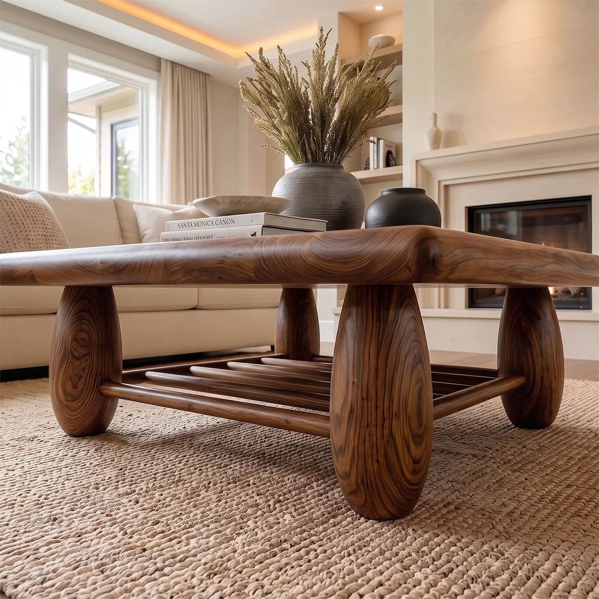 Rounded Rectangle Coffee Table with Slatted Storage Shelf | Modern Organic Center Table
