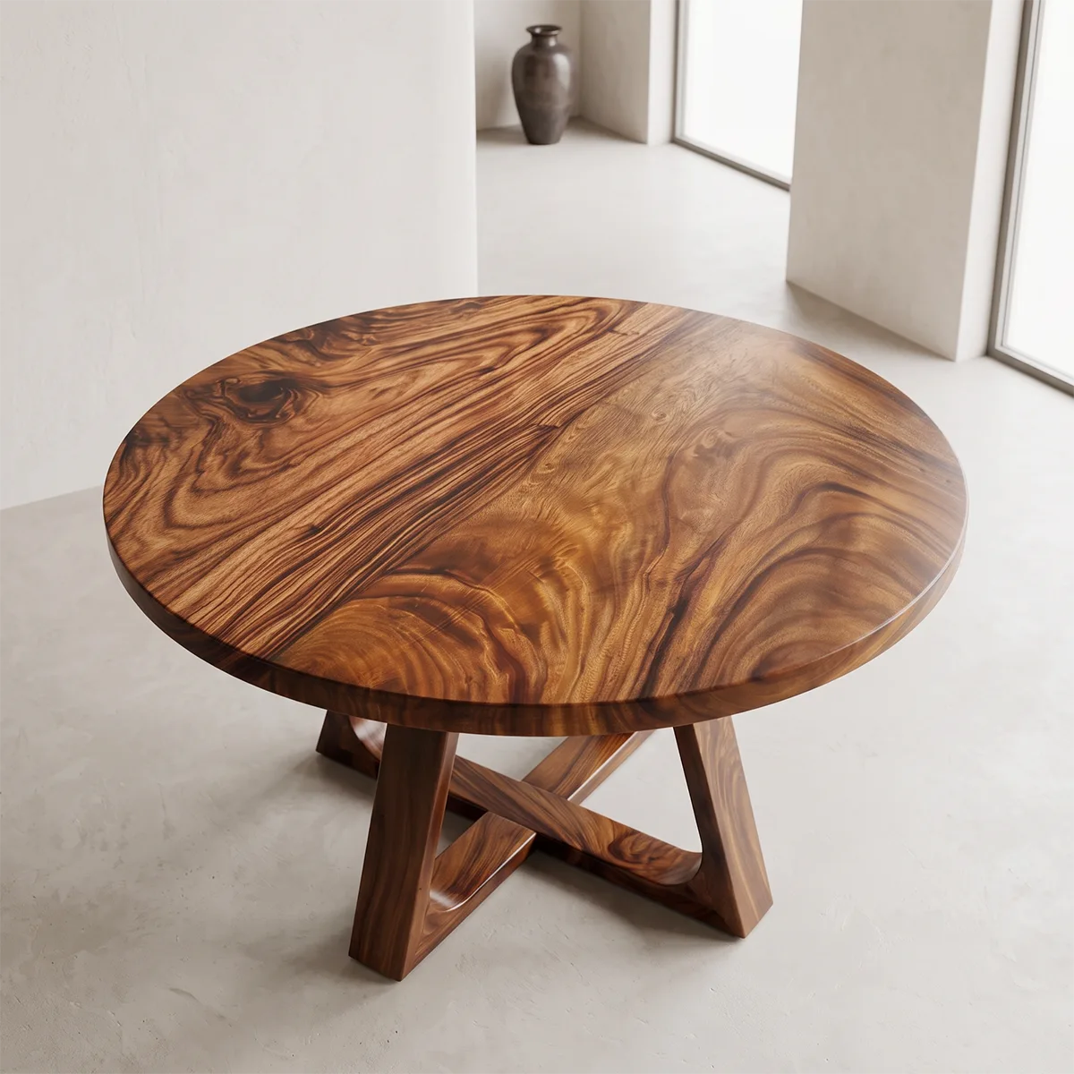 Round Wood Coffee Table with Sculptural Geometric Base | Modern Organic Center Table