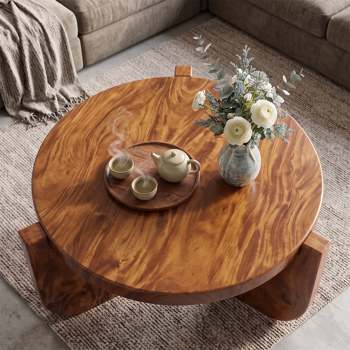 Modern Round Coffee Table with 3 Sculptural Panel Legs | Organic Contemporary Living Room Table