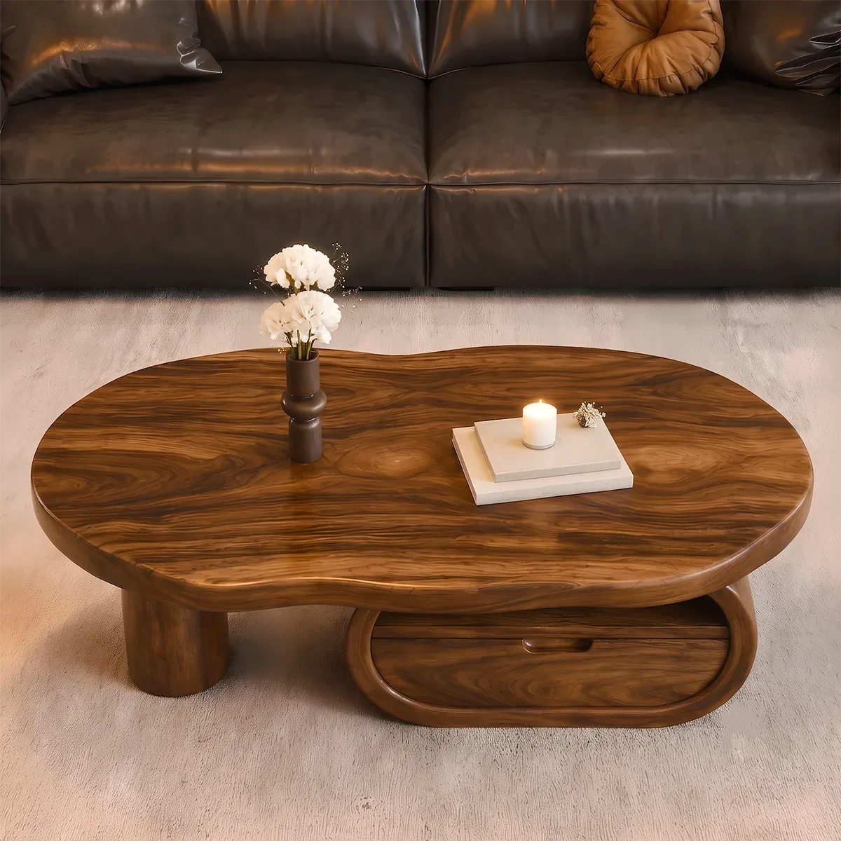 Organic Wood Coffee Table with Drawer and Open Shelf | Sculptural Oval Living Room Center Table