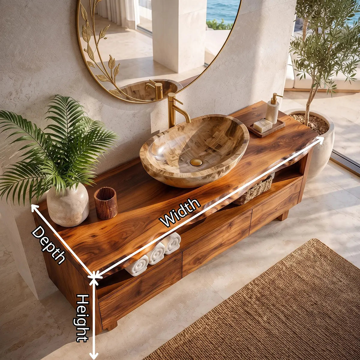 Freestanding Solid Wood Bathroom Vanity | Live Edge Bathroom Vanity with Open Shelf & Three Drawers TT006-7CUG6CN
