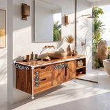 Floating Solid Wood Bathroom Vanity | Modern Bathroom Vanity with Drawers, Cabinet and Open Shelf TT006-6VOS2CB