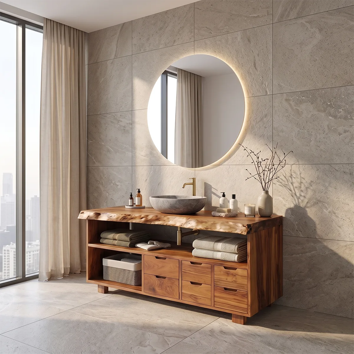 Live Edge Bathroom Vanity with Open Shelving & Multi-Drawer Storage TH003-9EZH8IM