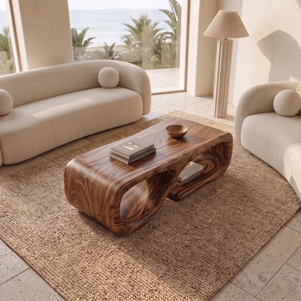 Sculptural Rectangular Coffee Table with Open Shelf | Organic Modern Rounded Center Table