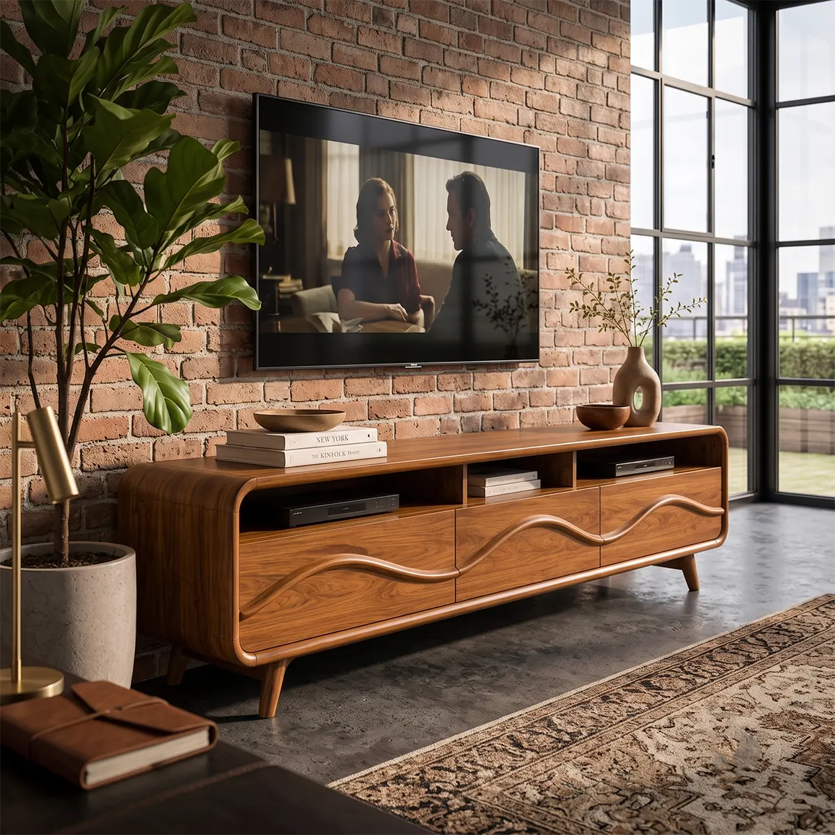 Modern Wave Front TV Stand with 3 Drawers & Open Storage | Curved Entertainment Console