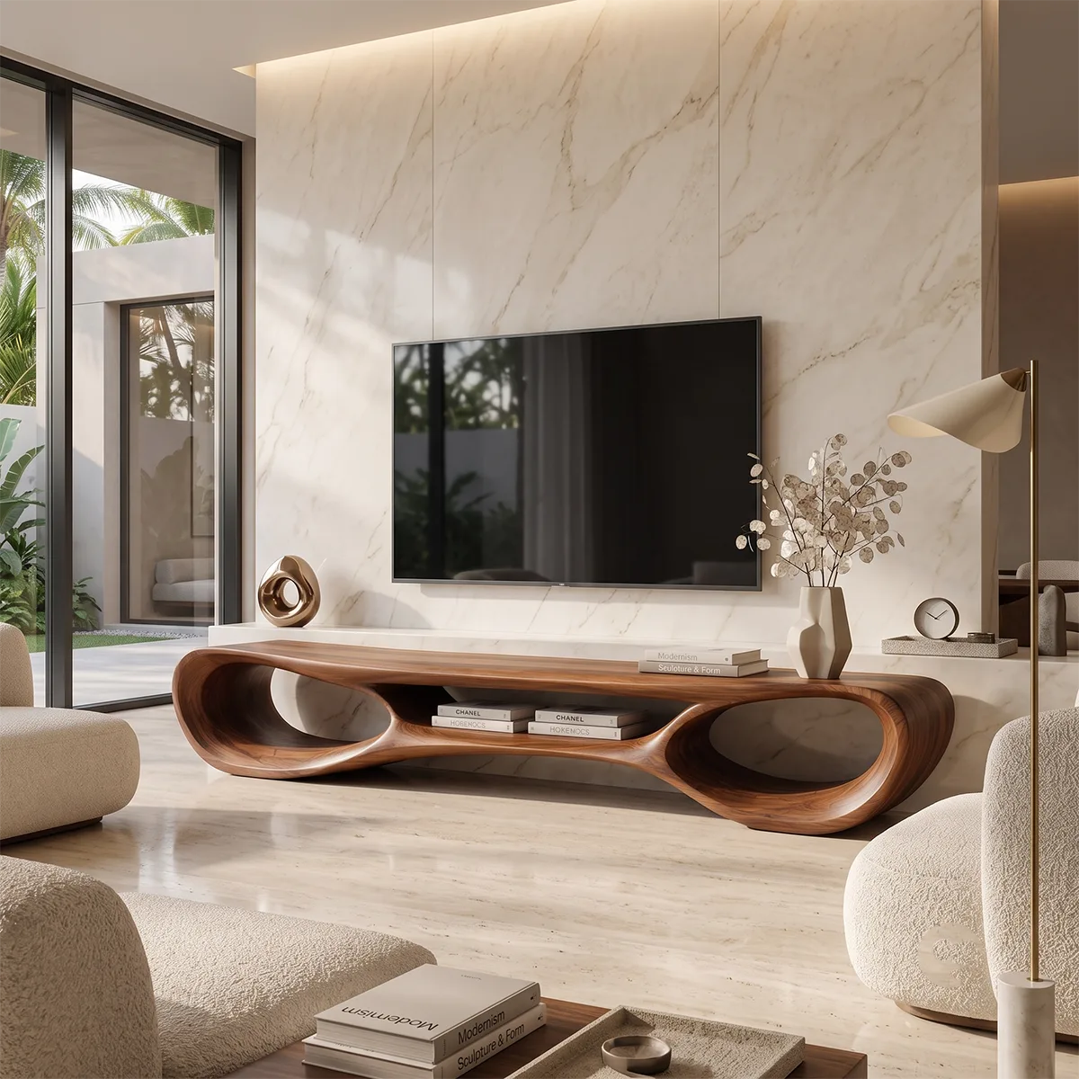 Organic Modern Sculptural TV Stand with Open Storage | Designer Media Console TT006-2PFI5LK