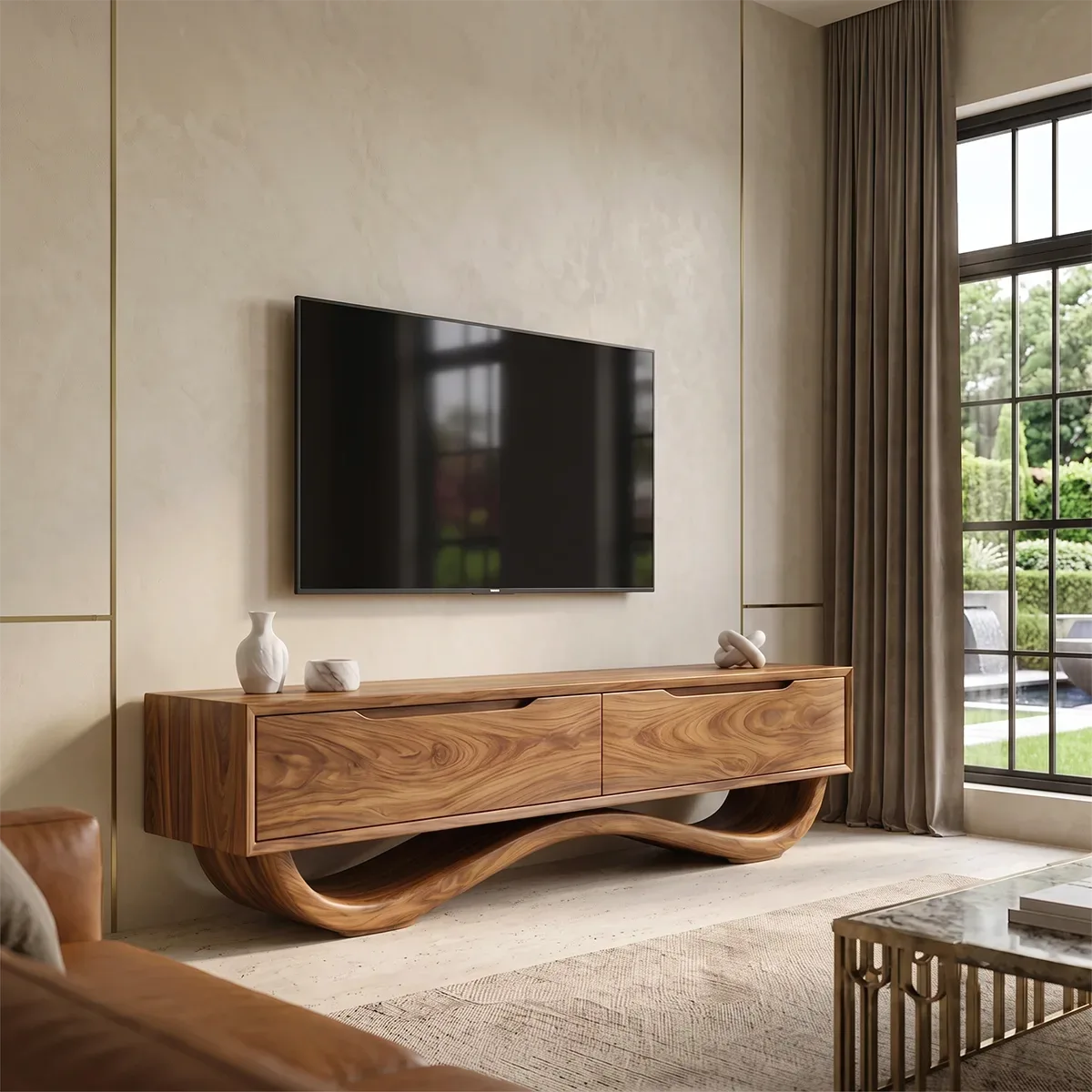 Sculptural TV Stand with 2 Drawers | Organic Modern Media Console TH003-3LLI8QY