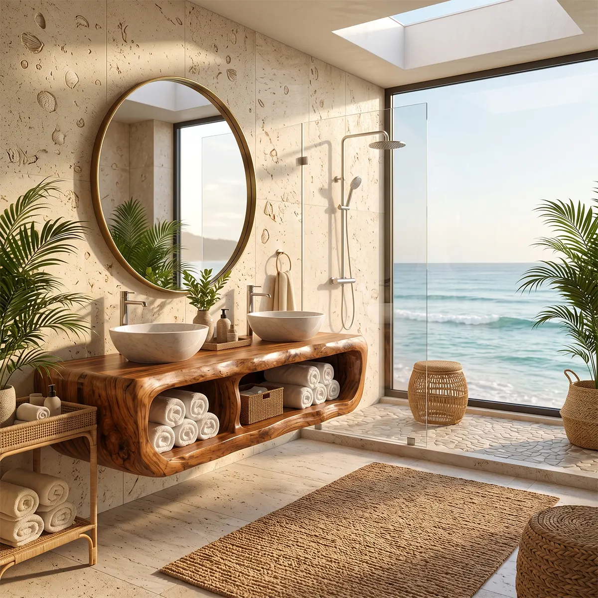 Floating Double Bathroom Vanity with Open Storage Compartments | Sculptural Organic Modern Design