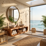 Floating Double Bathroom Vanity with Open Storage Compartments | Sculptural Organic Modern Design