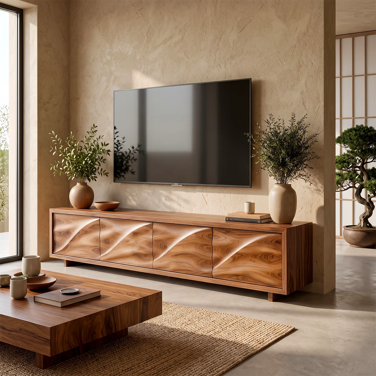 Modern TV Stand with 4 Enclosed Storage Compartments & Sculpted Wave Fronts