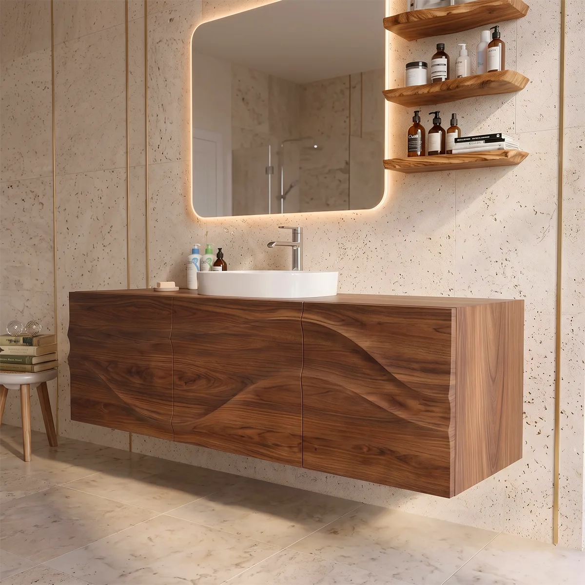 Floating Bathroom Vanity with 3 Doors | Sculpted Wave Front Wall Mounted Vanity Cabinet