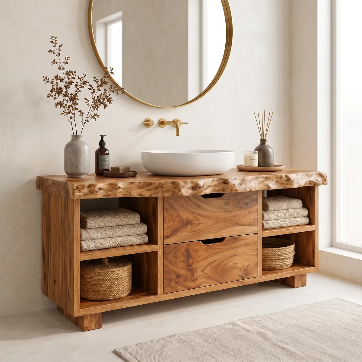 Freestanding Bathroom Vanity with Drawers & Open Shelves | Live Edge Wood Vanity Cabinet