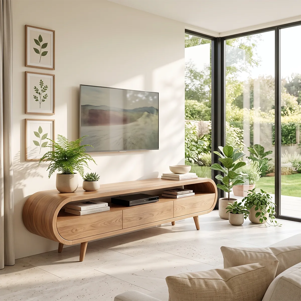 Modern Organic TV Stand with Open Shelf | Three Drawer Media Console TT006-6OAK3NB