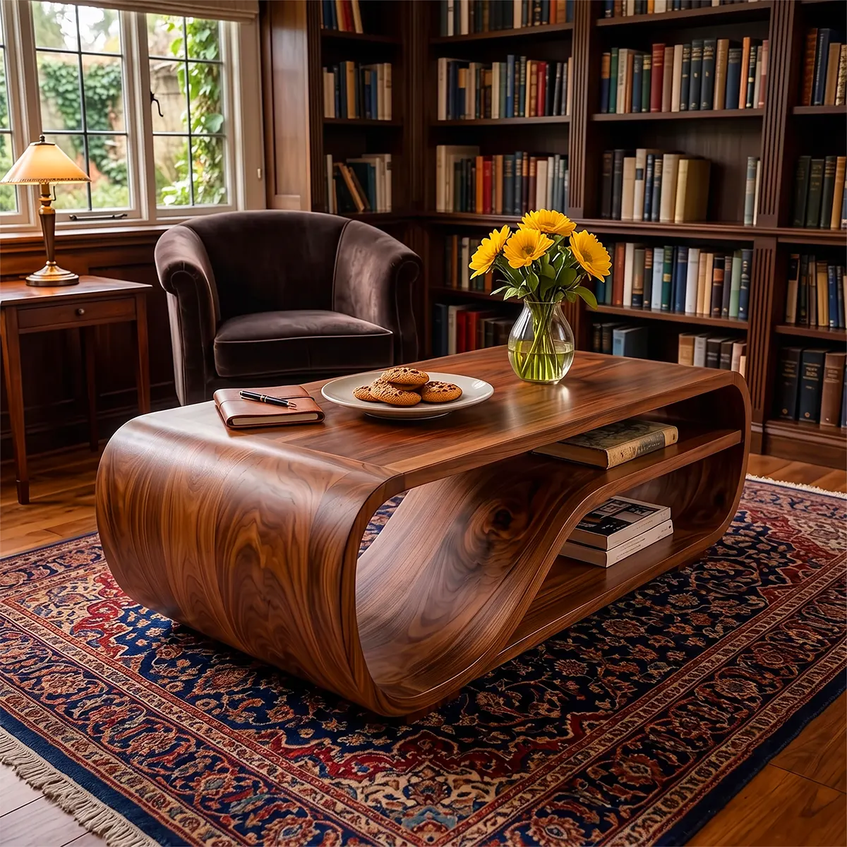 Curved Solid Wood Coffee Table with Storage | Modern Sculptural Living Room Center Table TT006-2757