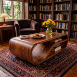 Curved Solid Wood Coffee Table with Storage | Modern Sculptural Living Room Center Table TT006-2757