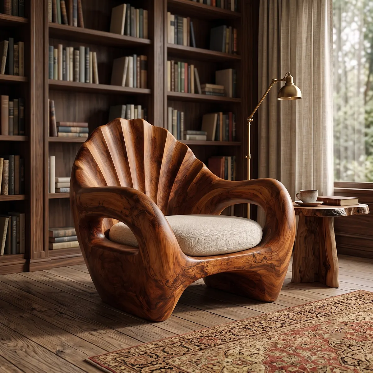 Sculptural Shell Back Armchair with Curved Open Arms | Organic Statement Lounge Chair