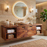 Floating Solid Wood Bathroom Vanity | Wall Mounted Single Sink Vanity with Double-Door Cabinet & Open Shelves TT006-9KLL6LF