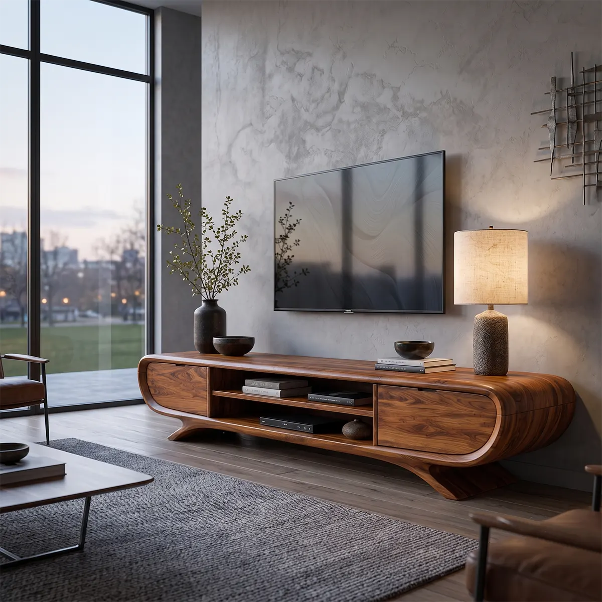 Sculptural Curved TV Stand with Open Media Shelves & Concealed Storage | Modern Entertainment Console