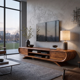 Sculptural Curved TV Stand with Open Media Shelves & Concealed Storage | Modern Entertainment Console