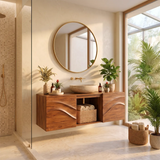 Floating Bathroom Vanity with 2 Sculpted Wave Doors & Center Open Storage Compartment