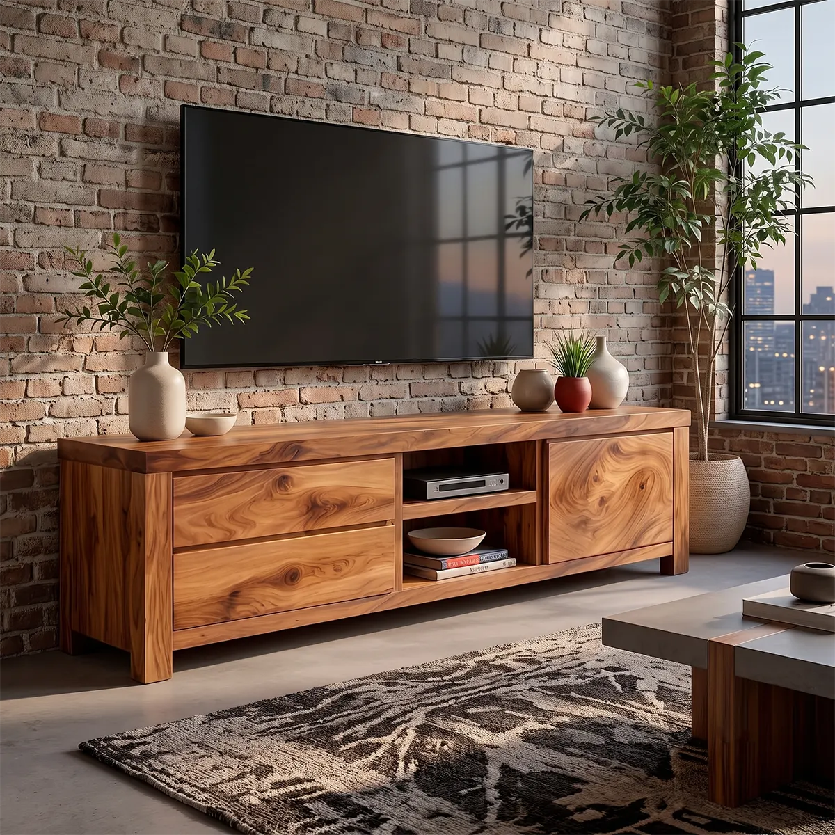 Modern TV Stand with 2 Drawers, Open Shelves & Enclosed Cabinet | Contemporary Media Console